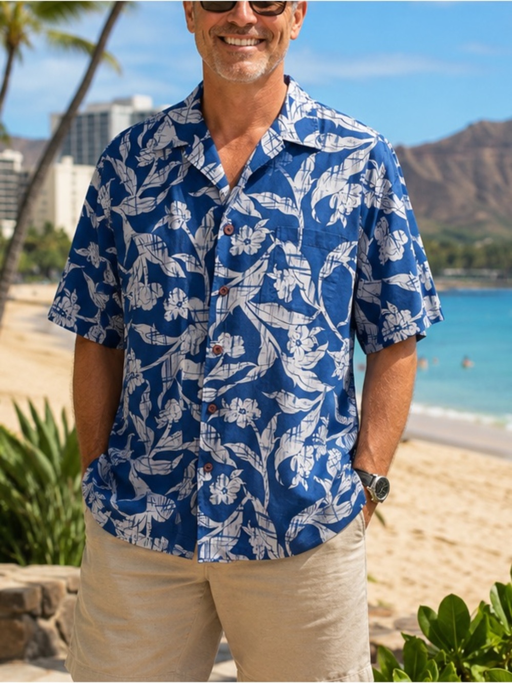 Emergency Exit Tropical Blue Short-Sleeve Button-Down Shirt Floral Large
